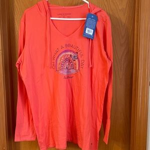 Life is Good Coral Hooded V-Neck Long Sleeve Tee - "Oh What a Beautiful Day"